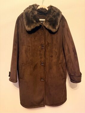 Women's Brown Faux-Suede Trench Coat with Faux-Fur Collar